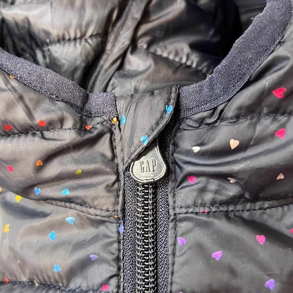 Baby Gap Lightweight Upcycled Puffer Jacket Blue with Foil Rainbow Hearts - Picture 3 of 9